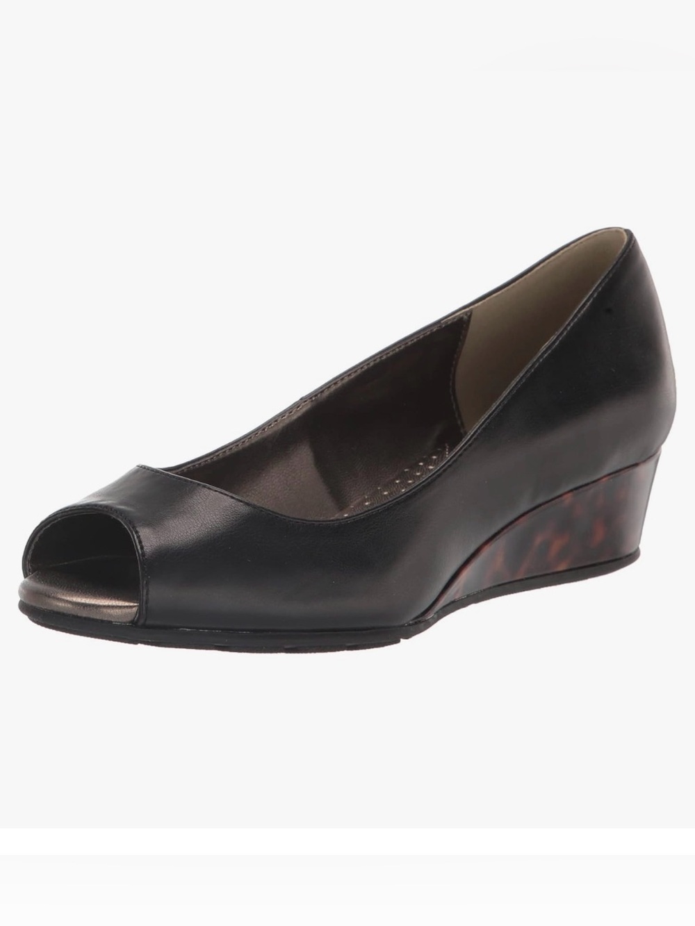 Bandolino Peep Toe Slip On Black Leather Pumps with Leopard Print Heel size 5.5